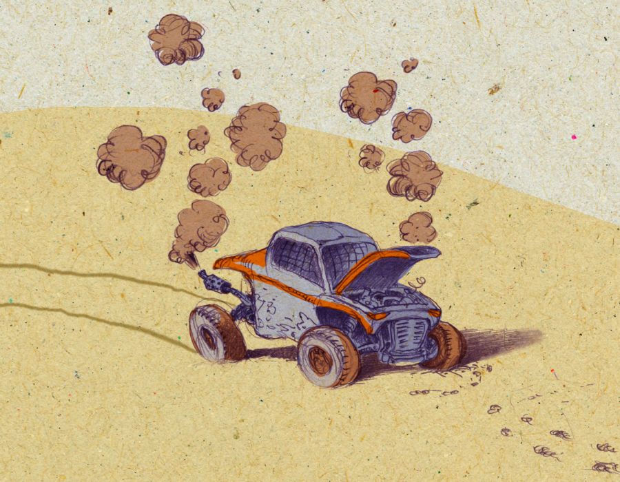 Une voiture en panne dans le désert.