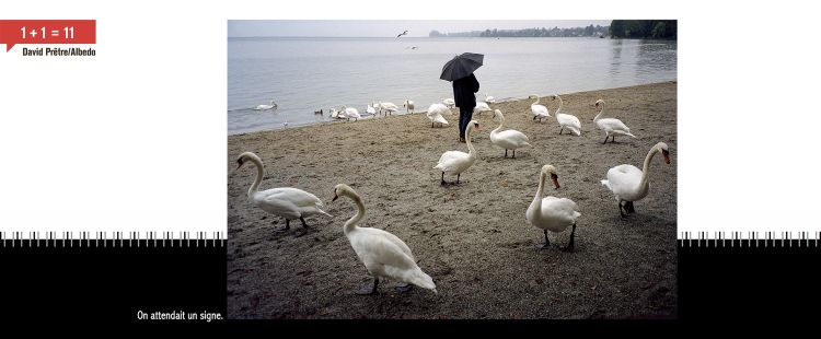 Au bord d'un lac, une personne sous un parapluie et entourée de cygnes. En légende: "On attendait un signe."