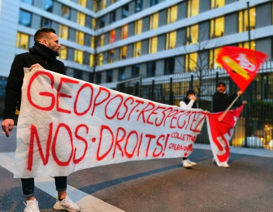 Banderole des chauffeurs tessinois: "Geopost respectez nos droits!"