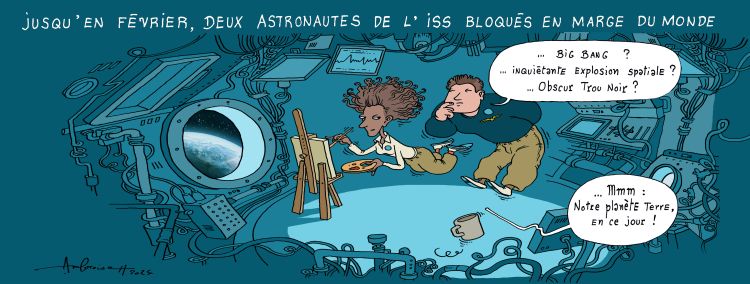 Caricature deux astronautes dans une fusée.